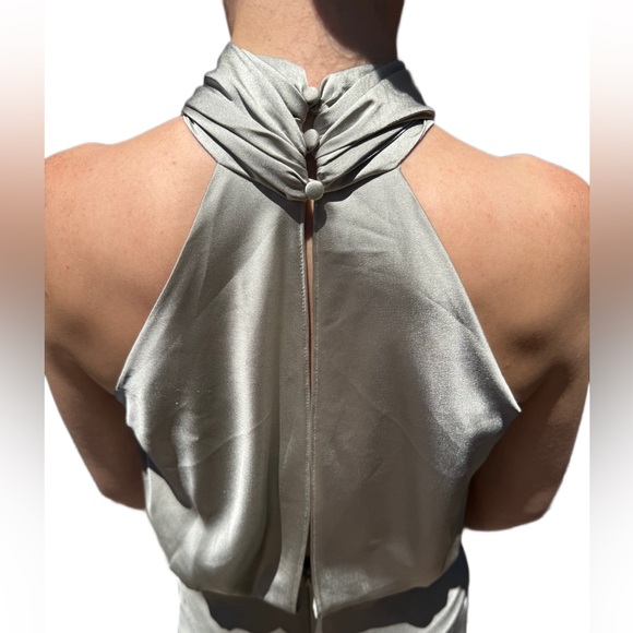 ASOS edition satin ruched halter neck maxi dress, sage green, US 4 - Picture 4 of 8